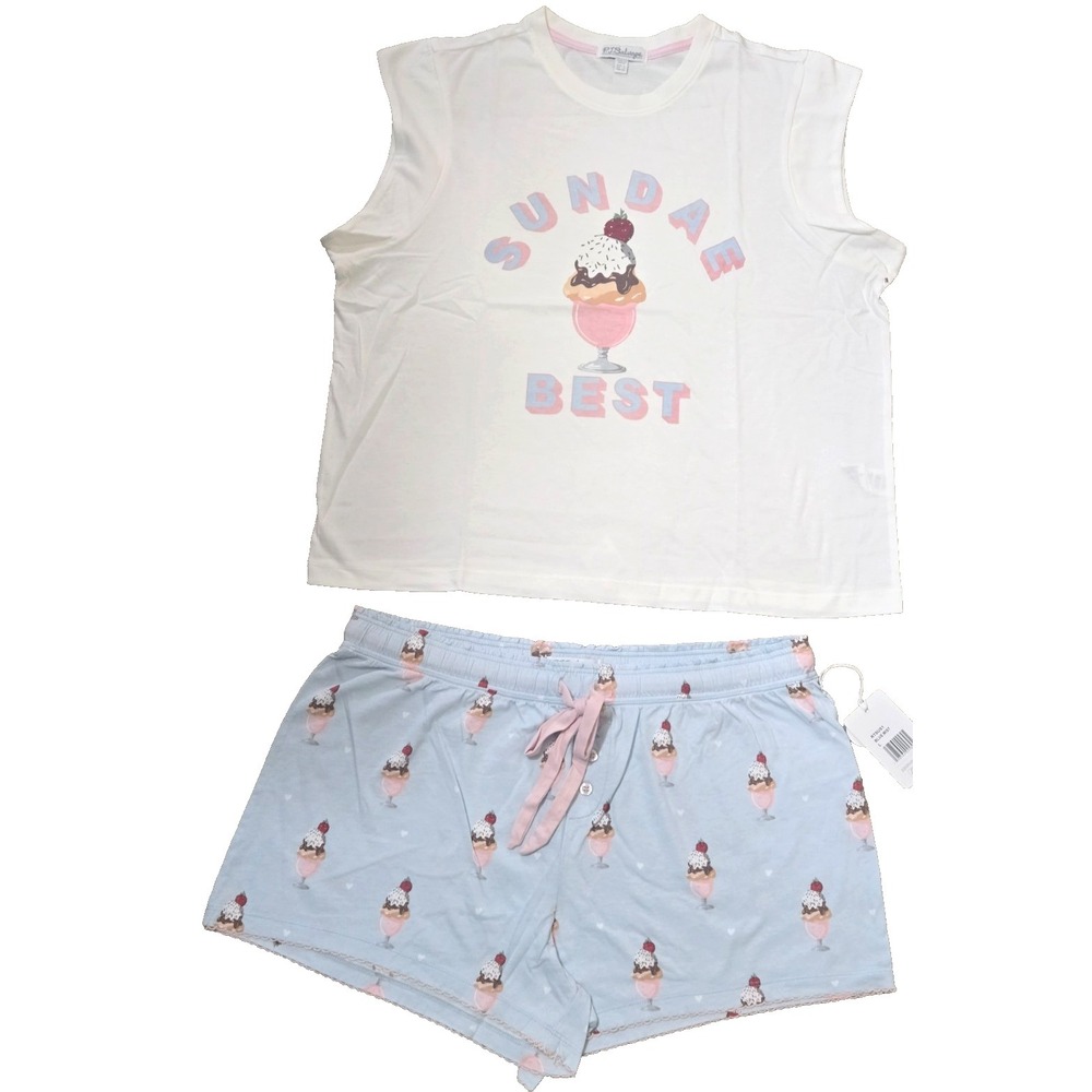 PJ Salvage Sundae Best 2 Pc Short Pajama Set Womens L Ivory/Blue Mist NWT